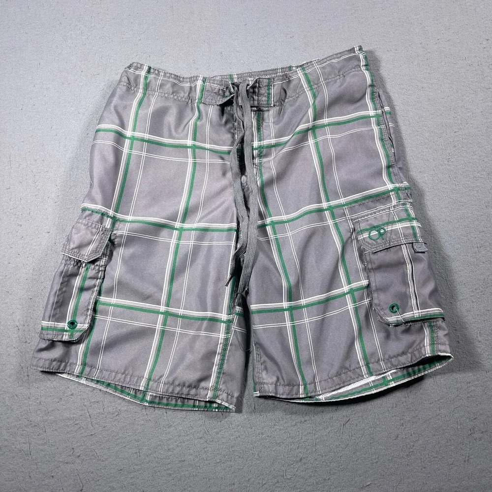 Ocean Pacific Plaid Board Shorts Men Medium Grey Green Cargo Swim Trunks Vintage